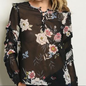 Black Floral Print Sheer Long Sleeve Tunic Blouse